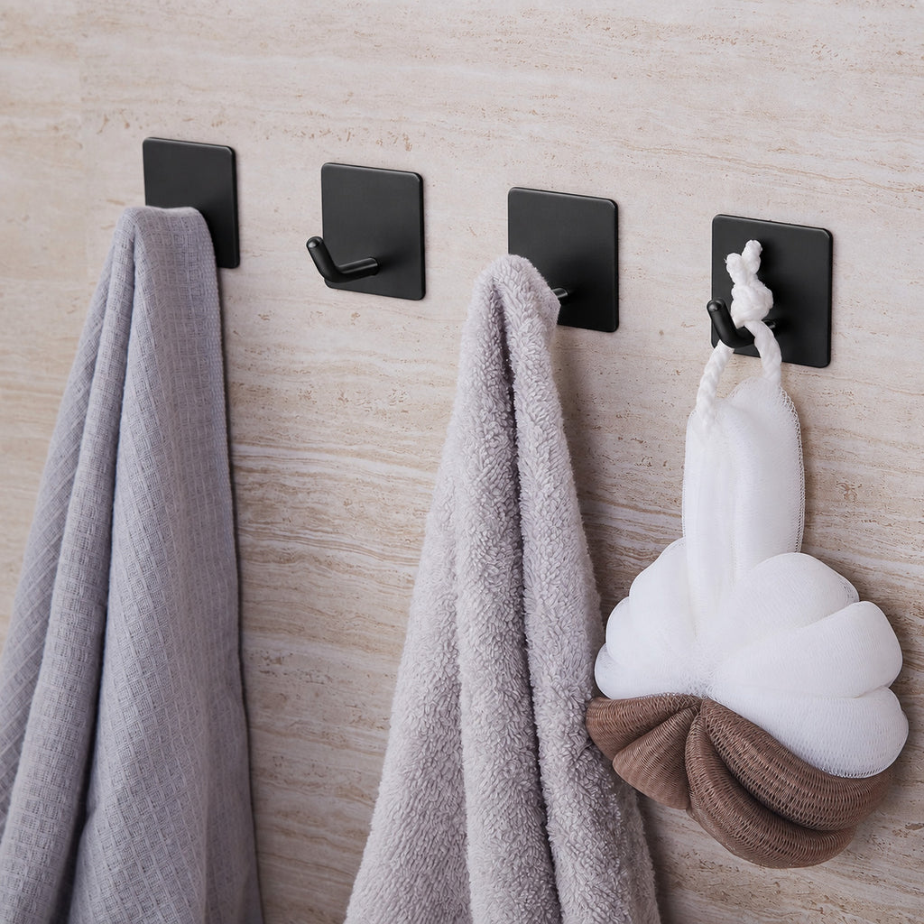 Pack de 4 Ganchos Adhesivos de Pared VANTEK – Acero Inoxidable – Sin Taladro – Negro